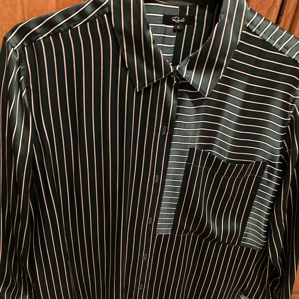 Rails Womens Dark Green and White Silk Striped Shirt - Picture 3 of 4